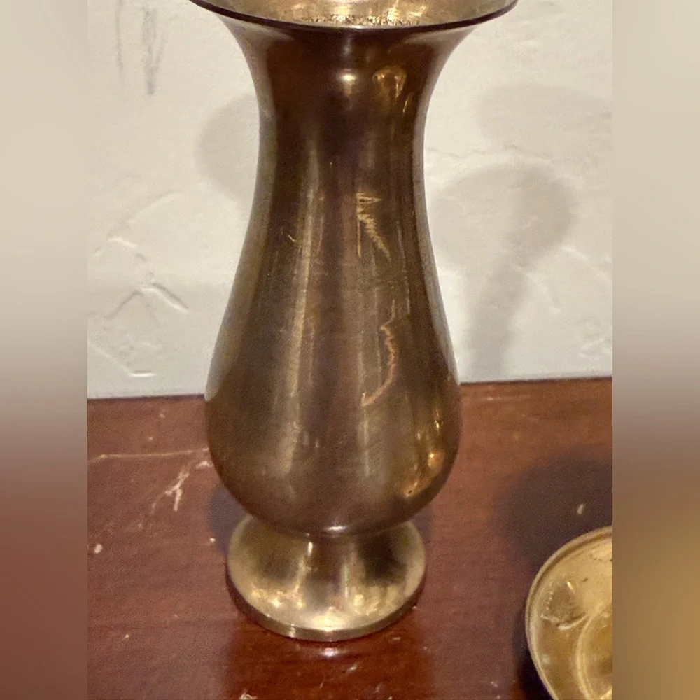 EUC Set Of 3 —2 Solid Brass Bud Vases & 1 Candleholder Made‎ in India